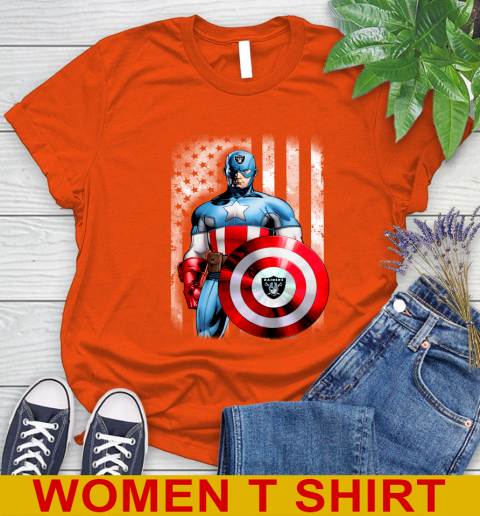 Oakland Raiders NFL Football Captain America Marvel Avengers American Flag Shirt Women's T-Shirt 3