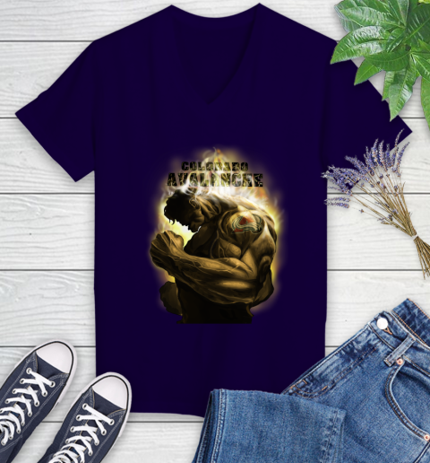 Colorado Avalanche NHL Hockey Hulk Marvel Avengers Sports Women's V-Neck T-Shirt 3