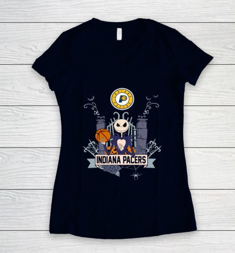 NBA Indiana Pacers Basketball Jack Skellington Halloween Women's V-Neck T-Shirt 2