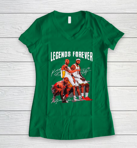 Kobe Bryant Lebron James And Michael Jordan Legends Forever Signatures Women's V-Neck T-Shirt 3