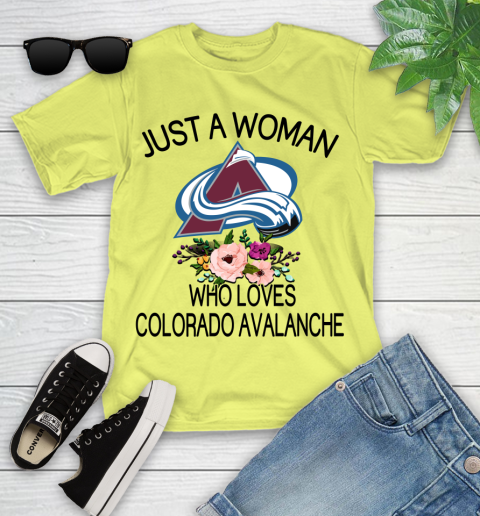 NHL Just A Woman Who Loves Colorado Avalanche Hockey Sports Youth T-Shirt 5