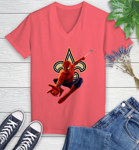 NFL Spider Man Avengers Endgame Football New Orleans Saints Women's V-Neck T-Shirt 6