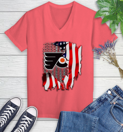 Philadelphia Flyers NHL Hockey American Flag Women's V-Neck T-Shirt 6