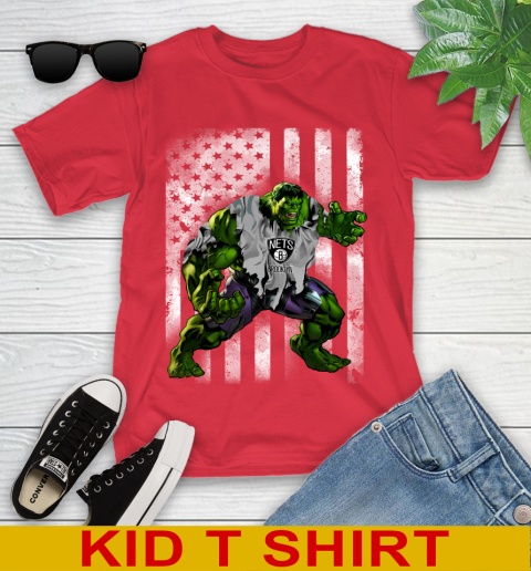 Brooklyn Nets Hulk Marvel Avengers NBA Basketball American Flag Youth T-Shirt 11