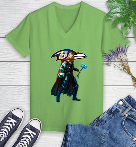 NFL Thor Avengers Endgame Football Baltimore Ravens Women's V-Neck T-Shirt 11