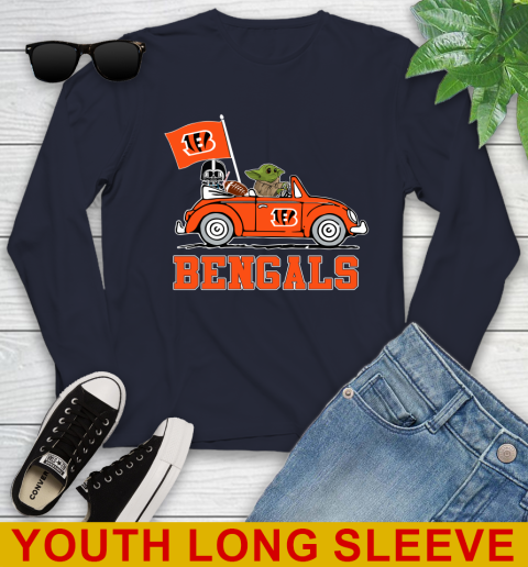 NFL Football Cincinnati Bengals Darth Vader Baby Yoda Driving Star Wars Shirt Youth Long Sleeve 3