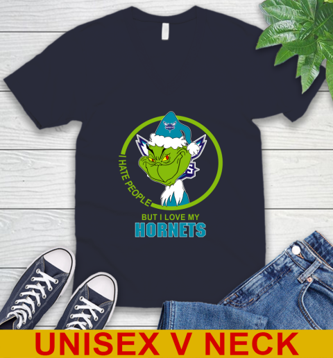 Charlotte Hornets NBA Christmas Grinch I Hate People But I Love My Favorite Basketball Team V-Neck T-Shirt 3