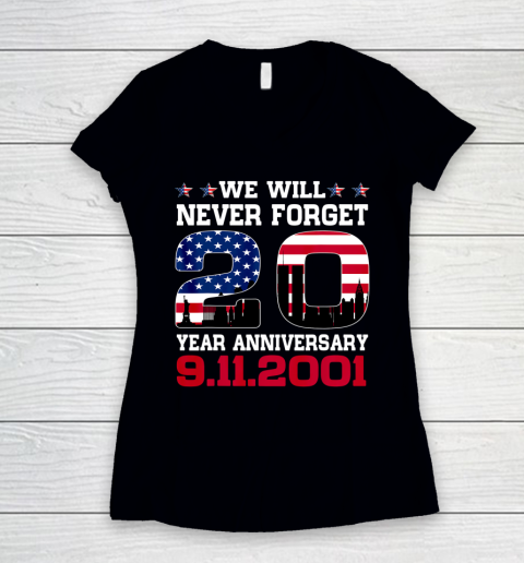 Never Forget 911 20th Anniversary Patriot Day USA Flag Women's V-Neck T-Shirt