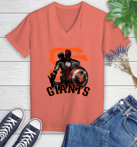 MLB Captain America Thor Spider Man Hawkeye Avengers Endgame Baseball San Francisco Giants Women's V-Neck T-Shirt 6