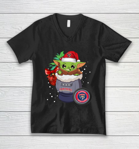 Florida Panthers Christmas Baby Yoda Star Wars Funny Happy NHL V-Neck T-Shirt