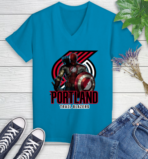 Portland Trail Blazers NBA Basketball Captain America Thor Spider Man Hawkeye Avengers Women's V-Neck T-Shirt 7
