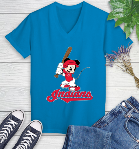 MLB Baseball Cleveland Indians Cheerful Mickey Mouse Shirt Women's V-Neck T-Shirt 6
