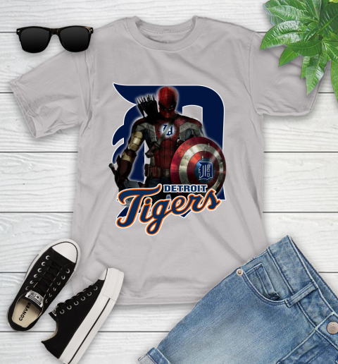 MLB Captain America Thor Spider Man Hawkeye Avengers Endgame Baseball Detroit Tigers Youth T-Shirt 12