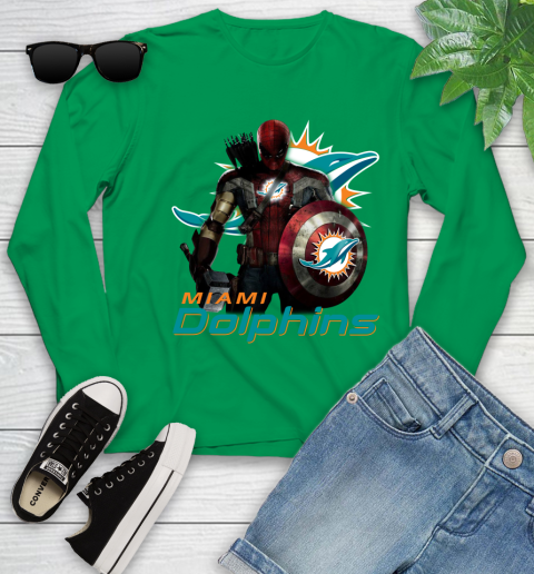 NFL Captain America Thor Spider Man Hawkeye Avengers Endgame Football Miami Dolphins Youth Long Sleeve 6