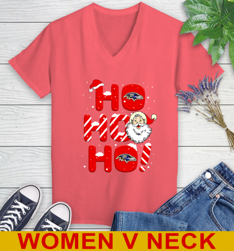 Baltimore Ravens NFL Football Ho Ho Ho Santa Claus Merry Christmas Shirt Women's V-Neck T-Shirt 6
