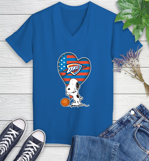Oklahoma City Thunder NBA Basketball The Peanuts Movie Adorable Snoopy Women's V-Neck T-Shirt 10