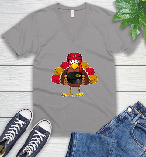 Chicago Blackhawks Turkey Thanksgiving Day V-Neck T-Shirt 4