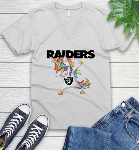 Oakland Raiders NFL Football Funny Unicorn Dabbing Sports V-Neck T-Shirt