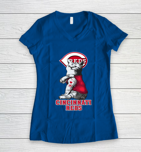 MLB Baseball My Cat Loves Cincinnati Reds Women's V-Neck T-Shirt 7