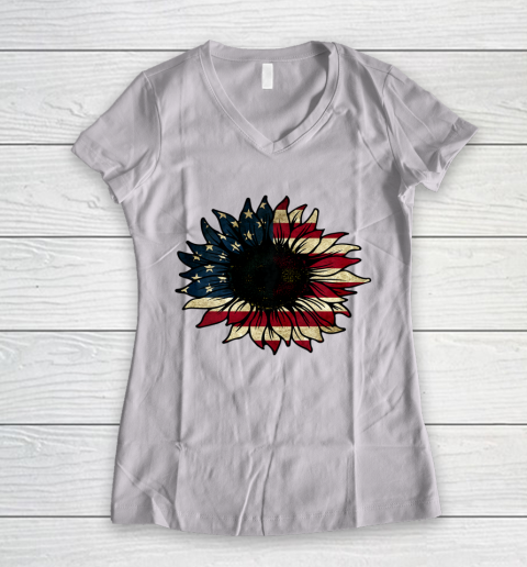 American Flag Sunflower America Patriotic 4th July Holiday Women's V-Neck T-Shirt