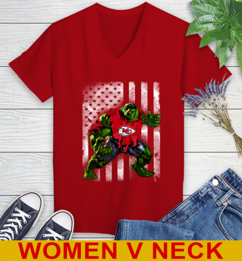 Kansas City Chiefs Hulk Marvel Avengers NFL Football American Flag Women's V-Neck T-Shirt 10