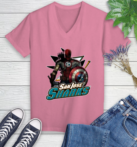 NHL Captain America Thor Spider Man Hawkeye Avengers Endgame Hockey San Jose Sharks Women's V-Neck T-Shirt 13