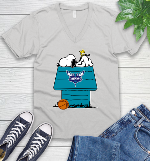 Charlotte Hornets NBA Basketball Snoopy Woodstock The Peanuts Movie V-Neck T-Shirt
