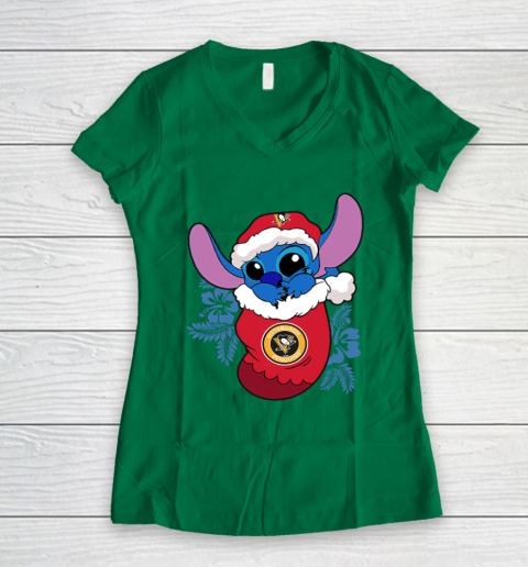 Pittsburgh Penguins Christmas Stitch In The Sock Funny Disney NHL Women's V-Neck T-Shirt 5