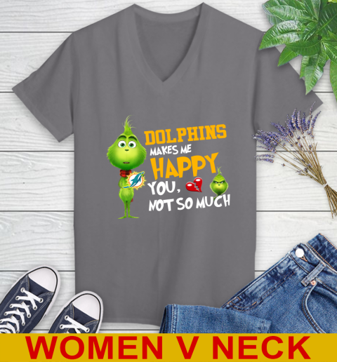 NFL Miami Dolphins Makes Me Happy You Not So Much Grinch Football Sports Women's V-Neck T-Shirt 11