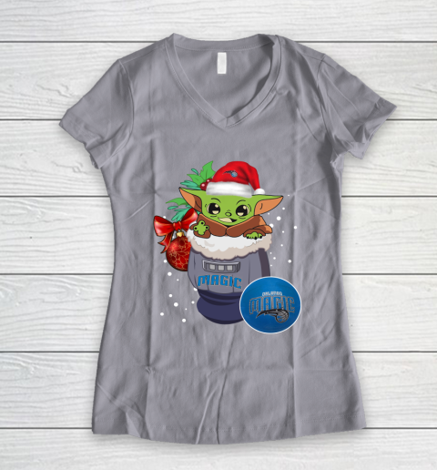 Orlando Magic Christmas Baby Yoda Star Wars Funny Happy NBA Women's V-Neck T-Shirt 4