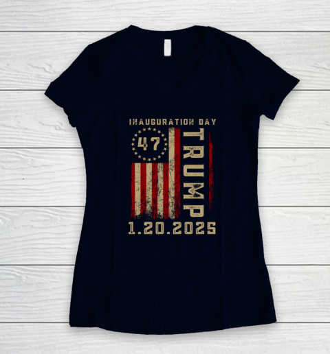 Donald Trump Inauguration Day 2025 47th President 47 US Flag Women's V-Neck T-Shirt 2