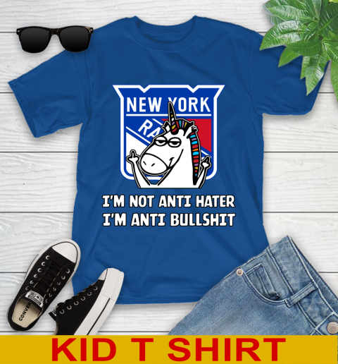 New York Rangers NHL Hockey Unicorn I'm Not Anti Hater I'm Anti Bullshit Youth T-Shirt 9