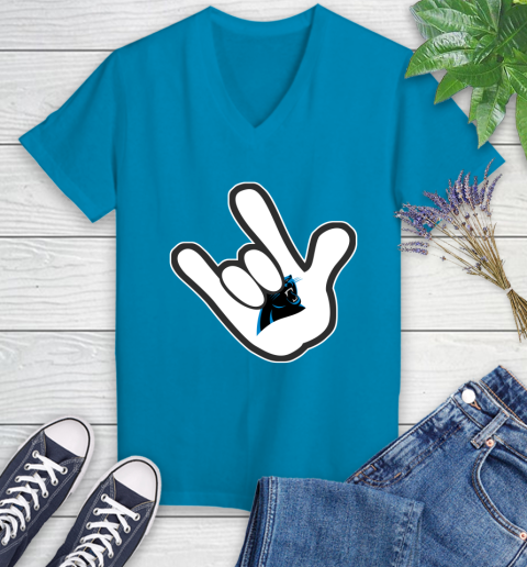 Carolina Panthers NFL Football Mickey Rock Hand Disney Women's V-Neck T-Shirt 7