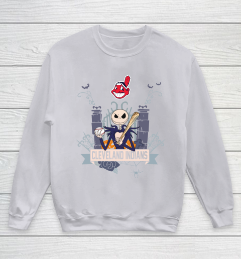 MLB Cleveland Indians Baseball Jack Skellington Halloween Youth Sweatshirt 3
