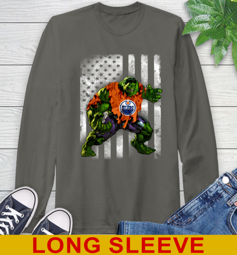 Edmonton Oilers Hulk Marvel Avengers NHL Hockey American Flag Long Sleeve T-Shirt 10