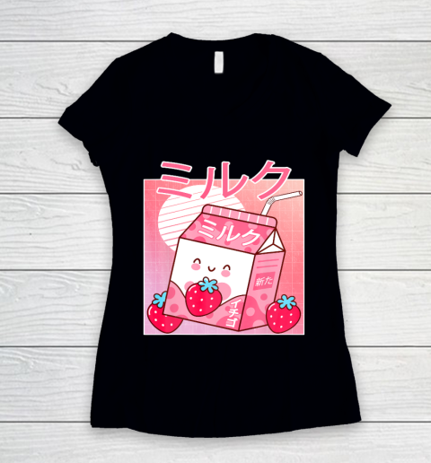 Japanese Kawaii Strawberry Milk  Shake Carton Funny Retro Women's V-Neck T-Shirt
