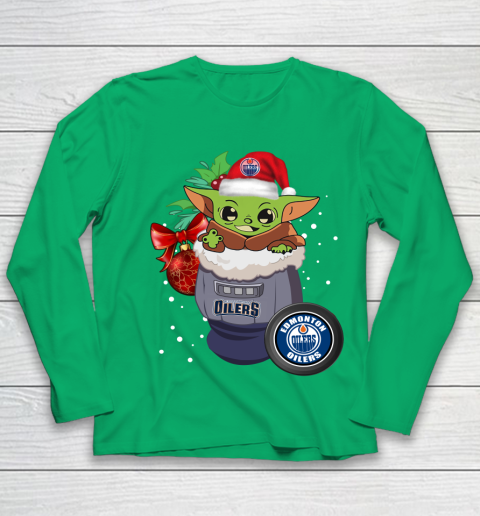 Edmonton Oilers Christmas Baby Yoda Star Wars Funny Happy NHL Youth Long Sleeve 6