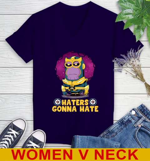 NHL Hockey Winnipeg Jets Haters Gonna Hate Thanos Minion Marvel Shirt Women's V-Neck T-Shirt 4