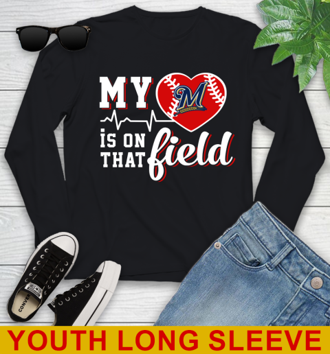 MLB My Heart Is On That Field Baseball Sports Milwaukee Brewers Youth Long Sleeve