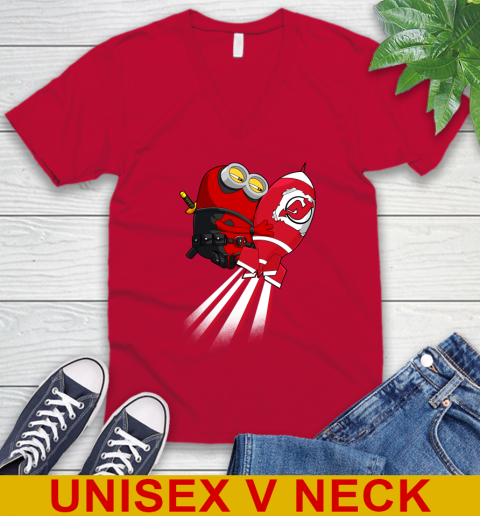NHL Hockey New Jersey Devils Deadpool Minion Marvel Shirt V-Neck T-Shirt 7 NHL Hockey New Jersey Devils Deadpool Minion Marvel Shirt V-Neck T-Shirt - Image 7