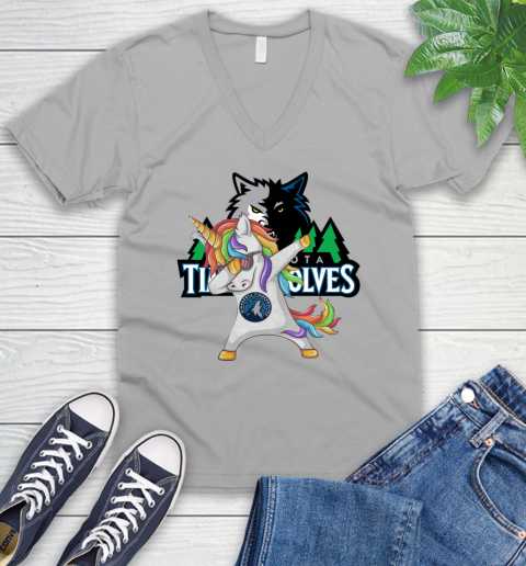 Minnesota Timberwolves NBA Basketball Funny Unicorn Dabbing Sports V-Neck T-Shirt 4