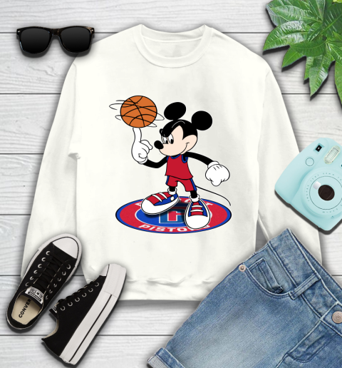NBA Basketball Detroit Pistons Cheerful Mickey Disney Shirt Youth Sweatshirt - Image 3