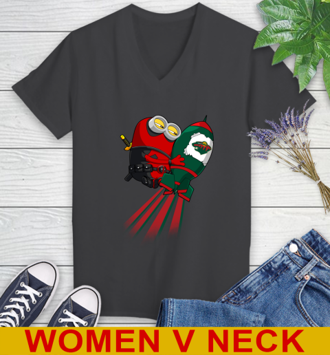 NHL Hockey Minnesota Wild Deadpool Minion Marvel Shirt Women's V-Neck T-Shirt 8