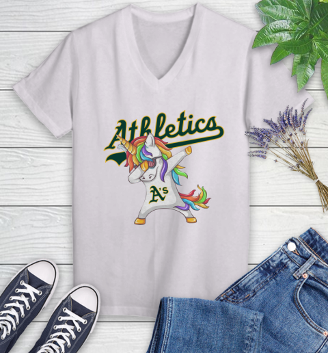 Oakland Athletics MLB Baseball Funny Unicorn Dabbing Sports Women's V-Neck T-Shirt
