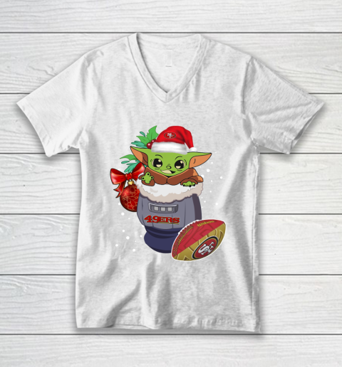 San Francisco 49ers Christmas Baby Yoda Star Wars Funny Happy NFL V-Neck T-Shirt 2