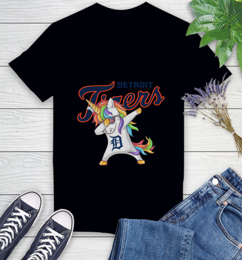 Detroit Tigers MLB Baseball Funny Unicorn Dabbing Sports Women's V-Neck T-Shirt 2