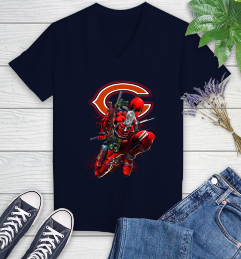 NFL Deadpool Marvel Comics Sports Football Chicago Bears Women's V-Neck T-Shirt 3
