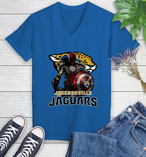 NFL Captain America Thor Spider Man Hawkeye Avengers Endgame Football Jacksonville Jaguars Women's V-Neck T-Shirt 10