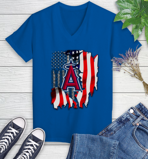 Los Angeles Angels MLB Baseball American Flag Women's V-Neck T-Shirt 10