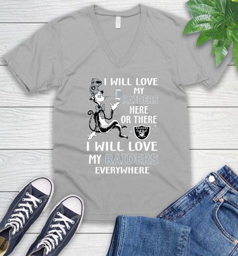 NFL Football Oakland Raiders I Will Love My Raiders Everywhere Dr Seuss Shirt V-Neck T-Shirt 3